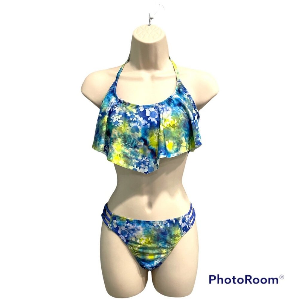 Women Size M BP NORDSTROMS Blue Floral 2 PC Flounce Top Strappy Bikini Swimsuit!